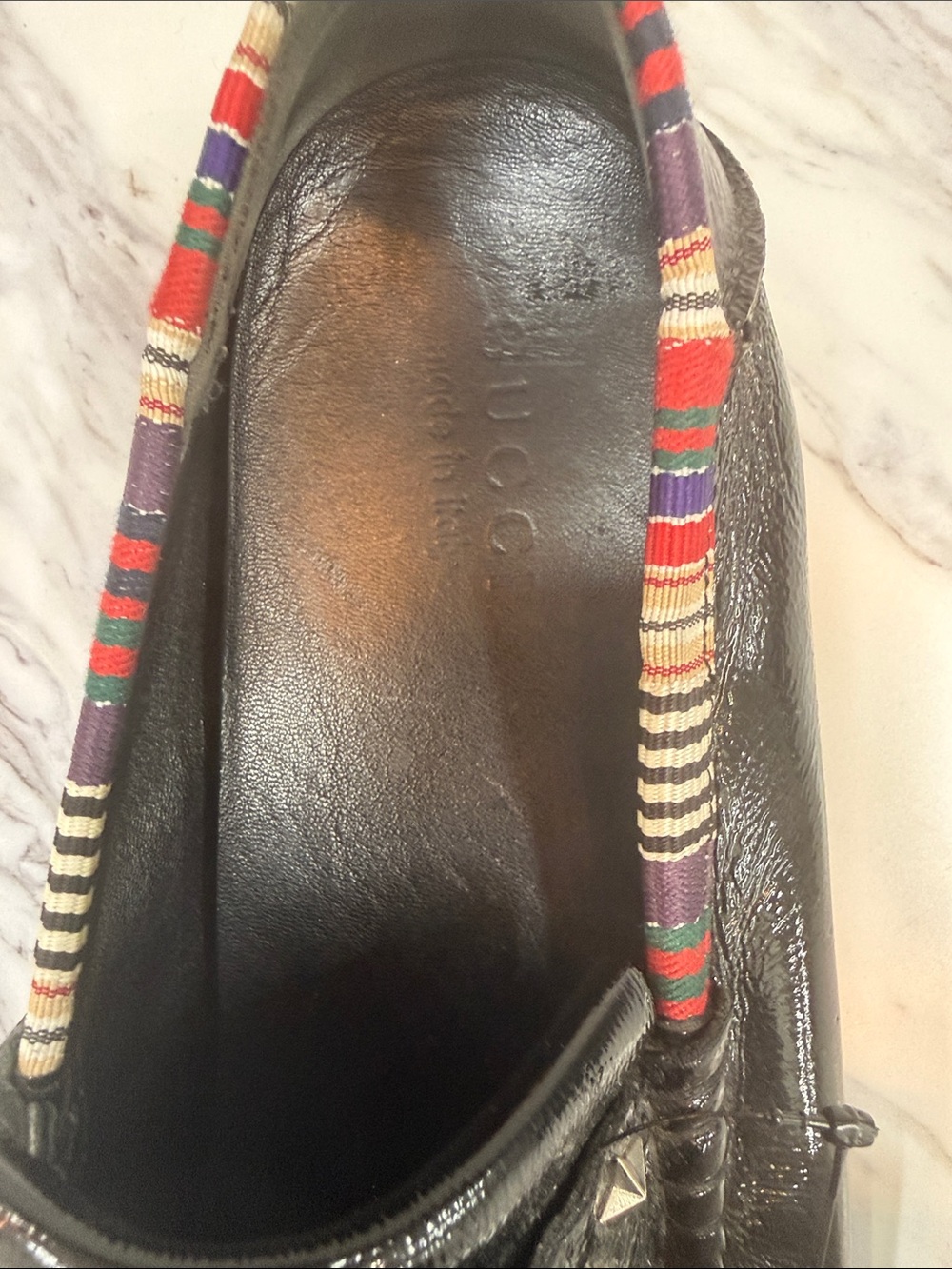 Gucci Black Patent Leather Fringe Loafers with Multicolor Trim - Picture 2 of 10